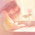 **A soft pastel romantic album cover illustration, delicate watercolor style. A gentle dreamy atmosphere with a young woman sitting near a wooden table by a window. On the table, a single white rose in a glass vase and a vintage envelope. Warm sunlight softly illuminating the scene. The woman's face is partially hidden by her flowing hair. The background shows a translucent curtain with subtle Indian patterns. The color palette is pastel pink, beige, and cream. Minimalistic, poetic, emotional, two-dimensional illustration. No text. --niji 6** - Image #3 <@1212945075831836692>