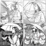 **a black and white colouring page for teenagers, clean outlines, a beautiful girl wearing a raincoat, holding an umbrella above her head,feeding the chicken in the chicken coop, dreamy romantic image, 8x8 inch, no shades, no blacks,simplistic --v 6.0** - <@1096775278010835044> (fast)
-# Create, explore, and organize on [midjourney.com](<https://midjourney.com/imagine?from_discord=1>)