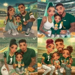 **Create evening image a family Sitting in a green and white stands of a greenbay packers nfl stadium: A happy beautiful puertorican-Blasian tan skin, straight pressed ponytails, aqua with a two-tone gradient color transition of a vivid white and burgundy hair with bangs, grey eyes, full lips, makeup, long curly lashes, dragoon tattoo, small round womb, wearing green greenbay packers tshirt fitted jersey dress with a v-line, the number 1 on the front, white and green timberland boots, with her daughter, A cute happy Dominican-African American 2 year old female, hazel eyes, freckles, curly braided brown ponytail, wearing greenbay packers jumpsuit with yellow Nikes, with a Minnie Mouse sippy cup, they eating nachos and corndogs, and her husband, A handsome Puertorican brownskin male, clean line up ,hazel eyes ,dimples, diamond nose ring, diamond stud earring, short brown hair, heavily tattooed arms, chain "China" wearing greenbay jersey and white jeans, drinking lemonade enjoying the game, surrounded by a bunch of fans in greenbay packers jersey some are wearing hoodies to support greenbay also in the crowd are some patriots fans.** - <@615539346476367906> (fast)
-# Create, explore, and organize on [midjourney.com](<https://midjourney.com/imagine?from_discord=1>)