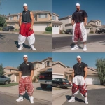 **A young handsome 30 year old very muscular buff white man with a white durag on his head dressed in a Y2K Cholo gangster style, wearing a black Pro Club t shirt and extremely baggy, extra-long, 3XL plain red and white Jordan basketball Y2K shorts. He is wearing Nike Air Force 1s standing in his driveway. --v 7.0** - Remix (Strong) by <@1061360796438900746> (fast)
-# Create, explore, and organize on [midjourney.com](<https://midjourney.com/imagine?from_discord=1>)