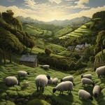 **there are lots of hills, there is a house and there are moutains in the background. In a fenced area there are black sheep and white sheep, there are lots of trees and the grass is green, realistic --v 5.2** - Upscaled (2x) by <@754226842650542162> (relaxed, stealth)