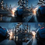 **A blue sports car in motion pulling into an oil refinery with the refinery easily visible. there is a large checkered finish line flag waving on the side. make it epic blue lighting. epic sky at dusk. cinematic --ar 3:2 --v 7.0** - Variations (Strong) by <@1264975901624631358> (fast)