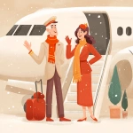 **Pilot and stewardess greeting people on the airplane steps, cute commercial illustration in light white, beige, orange and bright red tones, add Christmas atmosphere and snow --v 7.0** - Image #2 <@1178911175929499672>