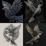 **fineline design of a bird in the style of tattoo artist zihwa, microrealistic details, wings outstretched, head looking towards to the side, background in the style of tattoo artist oscar akermo, modern aesthetic, artistic and expensive vibes, intricate and complicated details, feminine, ultra high definition --v 7.0** - <@241887161421529090> (fast)