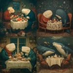 **vintage christmas dinner between vintage whales. Simple scene, underwater --s 750** - <@1278337234642276372> (fast)