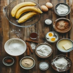 **Flat lay of cinnamon banana bread ingredients on a warm wooden kitchen table: ripe bananas with brown spots, melted butter in a glass bowl, eggs, vanilla extract, flour, baking soda, granulated sugar, dark brown sugar, cinnamon in small bowls, loaf pan, cozy natural light, home baking aesthetic --v 6.0 --ar 4:5 --raw** - Image #4 <@1321895242076520463>
