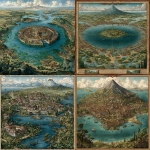 **a 15th century, illustrated map of a fantasy city similar to Venice, set in a subtropical lagoon at the foot of a Vesuvian volcano. The map indicates the location of a giant, sleeping frog in the lagoon.** - <@470028338816090113> (fast)