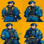 **An anime character . A handsome teenage male since 18 and 20 years , with flams hair with a blue combinaison . He look like a super vilain --ar 3:5** - Variations (Strong) by <@409716268476923920> (fast)