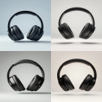 **Hyper detailed image of black wireless over ear noise canceling headphones isolated on a light gray gradient background, front facing symmetrical view, soft shadows below, realistic surface texture and metallic joints, --ar 4:5 --v 6.1 --quality 2 --raw** - <@1145244586088861708> (relaxed)
