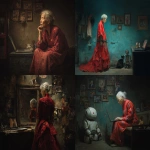 **Oil painting, moody lighting, prominent brush strokes, elderly grey haired Chinese woman dressed in a tattered and dirty red Qun Kwa wedding dress, robot companion, cat, Zhang Xiaogang's style, Painting on wall, family photographs, gazing into a dirty mirror in a dingy apartment, by Zhang Jingna, , melancholic atmosphere, tattered robot companion, laptop computer --ar 5:4 --v 7.0 --no star wars characters --chaos 3** - <@988364629556199494> (fast)