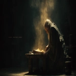 **A cinematic medium-wide shot of a solitary elderly biblical man sitting hunched over a rustic wooden desk in the center of a large, pitch-black room. He is intently reading an ancient, unraveling scroll that emits a soft, supernatural golden glow. The camera is distanced, showing the emptiness and darkness of the surrounding space, emphasizing his isolation. Strong chiaroscuro lighting: the figure is swallowed by deep shadows, with light only on the scroll, his hands, and his face. Dust particles dancing in the air. Texture of a heavy oil painting with visible brushstrokes, craquelure, and grunge details. The atmosphere is silent, solemn, and mysterious. Reminiscent of Rembrandt's "Philosopher in Meditation". 8k resolution, masterpiece. --ar 16:9** - Image #2 <@1401990355016089761>