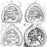 **Durian Playroom with Creative Corners - inside a hollow durian, slightly top-down view, spiky segments forming shelves and tiny ladders, Hazel the rabbit and Pip the hedgehog crafting toys, small durian seeds as material and shelves, spiky scales decorating walls and furniture, whimsical cozy space, black and white line art, bold outlines, storybook illustration, smooth shapes, no shading, white background, suitable for children to color. --v 6.1** - <@1426448926453530644> (relaxed)
-# Create, explore, and organize on [midjourney.com](<https://midjourney.com/imagine?from_discord=1>)