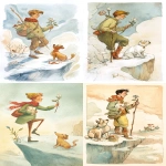 **hand-drawn winter fairy tale illustration, The Fool tarot card. The image depicts a young man with one foot on the edge of a cliff, holding a small stick with a small package and a small white rose in his hand, and a dog at his feet., warm storytelling atmosphere, unmistakable children's book illustration style of the 1960s-1970s, subtle influence of classic English animal fairy tales in the spirit of Beatrix Potter, but with Soviet-era illustration warmth, colored pencils and watercolor, visible pencil strokes, soft watercolor washes, textured paper, muted winter palette with whites, pale greens, soft browns, gentle reds and warm accents, rounded naive shapes, calm composition, poetic and cozy mood, hand-made look, non-photorealistic, timeless children's illustration. The scene is set --ar 7:12 --profile b414ohv --stylize 50** - <@409716268476923920> (fast)
