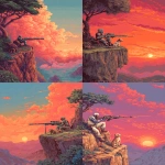 **a man with a metallic arm firing a futuristic rifle down a cliff, a dramatically colorful sunsetis on his right side, his dog is sitting next to him, 8bit color, retro video game rosolution --ar 5:7** - <@481618854582157330> (fast)
-# Create, explore, and organize on [midjourney.com](<https://midjourney.com/imagine?from_discord=1>)