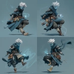 **fantasy art style. young air genasi misty stepping. He is a cleric with black hole iconography. he has bits of rogue gear mixed into his robes, such as a leather pauldron** - Variations (Strong) by <@784252075265490974> (fast)