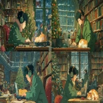 **a boy with short black hair and a green overcoat is working on his laptop in the library, wearing headphones. there is a colorful cat sleeping next to him. people are hanging out around them, smiling. a christmas tree is nearby, and books are all over the shelves. snow is falling outside the window, in the style of ghibli, with a cartoon style, colorful and happy vibe. it's a detailed, close-up shot of the man and his computer screen. --ar 16:9** - <@409716268476923920> (fast)
-# Create, explore, and organize on [midjourney.com](<https://midjourney.com/imagine?from_discord=1>)