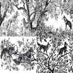 **pen and ink illustration of trees, wolves, flowers, and leaves, elegant composition, intricate linework, black and white, fine art , vintage decorative pattern, graceful curves and textures, hand-drawn aesthetic, botanical and wildlife harmony --ar 3:2 --v 6.0 --raw** - <@1051210584496033832> (fast)