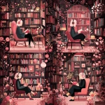 **an abstract illustration of a female with dark blonde hair wearing headphones, sitting in a reading nook with a pink and red aesthetic surrounded by bookshelves and sitting in a chair reading a book** - Variations (Strong) by <@387852951244374018> (fast)
-# Create, explore, and organize on [midjourney.com](<https://midjourney.com/imagine?from_discord=1>)