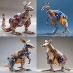 **a 3d rendered image of an industrial-style kangaroo robots with a glass chest head and Australian flag colour scheme metallic metal, an ultra-detailed illustration in the style of Atey Ghailan and Jacek Yerka, ultra-high resolution, in a dynamic pose, 4k --ar 13:20** - <@1087506013407695028> (relaxed)