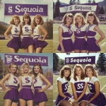 **ultra realistic, highly detailed, photographic image of three beautiful high school pompom girls of the 1960’s smiling happily with a beautiful well manicured football field behind them. Their short skirted deep purple and white outfits have a calligraphic "S" on the bodice. Above them is a huge attractive banner saying "Sequoia". HD --v 6.1** - <@1327691479602298971> (fast, stealth)