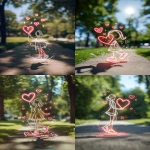 **A realistic blurred photo of a summer park with bright sunlight and green trees. In the foreground, a glowing neon line art of a girl holding a pink heart with joy. She’s outlined in thick glowing white lines. The red heart has sketchy hearts and sparkles floating above it. Drips and doodles add a playful touch. Her glowing shoes lightly touch the path. --ar 3:4 --raw --v 7.0** - <@888546328244801596> (fast)