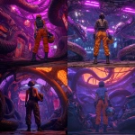 **cyberpunk mechanical snake den with angry chrome snakes, neon purple and orange theme. cyberpunk woman standing in foreground with back to camera, holding a pilot helmet** - <@820024234734518302> (fast)