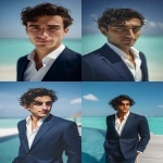 **A 45-degree angled view of an exceptionally handsome young CEO in his early 20s, standing at a luxurious outdoor café in the Maldives. His flawless, sun-kissed skin, sharp jawline, and high cheekbones create a perfectly balanced, photogenic face. His deep brown eyes are large, expressive, and slightly dreamy, paired with a subtle, confident smile that radiates charisma. His straight nose, well-defined lips, and elegant masculine features exude sophistication. His dark brown hair is naturally wavy and perfectly styled. He is wearing a perfectly tailored slim-fit navy suit with a crisp white shirt, open collar, and polished brown leather shoes, looking effortlessly stylish. The turquoise ocean and clear, sunny sky provide a serene, expansive background, with soft sunlight accentuating his handsome, youthful, and captivating aura. --ar 2:3 --q 2 --raw --v 7.0** - <@1359023626493366362> (fast)