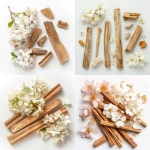 **Composition ofwhite Nag Champa flowers and sandalwood pieces, isolated layout, no background, ayurvedic and mystical essence --ar 1:1 --v 6.0 --raw** - <@1350154422424043543> (fast)