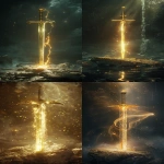 **Excalibur, the legendary sword of King Arthur, glowing with divine light, standing upright, embedded in stone, surrounded by mystical mist and magical aura, golden reflections, epic fantasy artwork, highly detailed, ultra realistic, cinematic atmosphere, legendary weapon concept art, dramatic lighting, 8k --ar 9:16 --v 6.0** - <@834125706757013534> (fast)