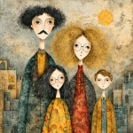 **whimsical photorealistic illustration of a fathers d mother with their girl and boy, father has black hair and a moustache, he’s wearing glasses, mother has curly blonde hair and she’s wearing glasses girl has dark brown hair and she’s wearing glasses, son has light brown hair --v 7.0 --p b3kgthr --s 750** - Image #3 <@520759084903956481>