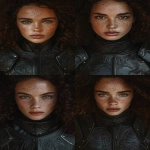 **Mische, striking young woman with warm brown skin dusted with freckles, glowing sharp eyes full of mischief, voluminous curly dark hair framing her face and shoulders, angular cheekbones, natural full lips, confident mischievous expression. Wearing fitted black leather armor with subtle gothic engraved detailing, similar to Oraya’s armor but uniquely her own. Cinematic dark fantasy portrait, hyper-realistic, ultra-crisp detail, chiaroscuro dramatic lighting, epic atmosphere, powerful and magnetic presence. --ar 2:3 --v 6.0 --no porcelain-skin doll-like glamour smooth-airbrushed features cosplay unrealistic-textures watermark flames fire glowing-hands --raw** - Variations (Strong) by <@1244098075421708410> (fast)
-# Create, explore, and organize on [midjourney.com](<https://midjourney.com/imagine?from_discord=1>)