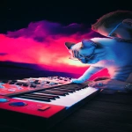 **cat on synthesizer in space. Cinematic, nebula, highly intelligent cat , musical explosion --w 1000 --s 1000 --v 7.0 --p epw5n15 --ar 131:284** - Image #2 <@692320895171166238>