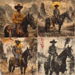 **imagine a painting in the style of chinese ink wash: Jimmy Butler riding a black steed, with the horse standing firmly on all four legs, its saddle gleaming with golden tassels and brocade. The background features distant mountains and mist in the Tang Dynasty landscape style, with the basketball court lines transformed into natural terrain. Jimmy Butler is wearing Warriors jersey, while his cowboy hat and jeans add a modern touch. --s 750 --v 6.0** - <@531918970526236718> (fast)
-# Create, explore, and organize on [midjourney.com](<https://midjourney.com/imagine?from_discord=1>)
