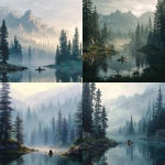 **a distance view of a man sitting in a kayak on a small lake surrounded by misty pine trees deep in the rocky mountain woods, on a misty summer morning. Mountains in the background. Realistic detail.** - <@1238241572940943414> (fast)