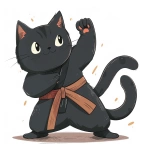 **A cute, fluffy black cat is doing karate, vector illustration in the style of Gemma Correll on a white background. The full-body shot features simple shapes, bold lines, low details, no shadows, flat color application, no textures, no shading, no detail, no shadowing, and only the paws and tail are visible, with no feet. The overall style is cartoonish. --ar 8:7 --v 6.0 --s 250** - Image #3 <@756269320539209761>