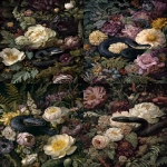 **a dark, moody, victorian oil painting of a black snake slithering through a cluster of flowers in deep tones of black, gray, cream, and dark purple, as well as ferns, moss, and thickets. --ar 3:4 --v 7.0** - <@693132661379825714> (fast)