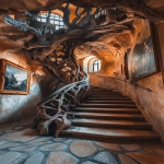 **ancient fortress grand stairway, twisted tree roots on ceiling with elegant stone floors, tree roots stair banister railing, paintings on walls, sunset lighting, 8k detail, shot on a Sony Alpha a7 III camera, tree roots and ceiling --v 6.1 --ar 9:16** - Image #2 <@941416877790486558>