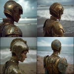 **a cinematic still of a woman with short hair in golden ancient armor, wearing an ornate gold helmet, standing on the beach facing away from the camera and looking out at the sea, with a 35mm film grain kodak color chrome effect. --ar 29:27 --v 7.0 --p 7t8d38w** - <@995751013732581408> (relaxed, stealth)
-# Create, explore, and organize on [midjourney.com](<https://midjourney.com/imagine?from_discord=1>)
