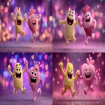 **A happy anthropomorphized rounded-triangular, yellow demon character high-fiving a happy anthropomorphized anatomical heart character, side view perspective jumping in the air, Pixar-Inside Out 3D animation style, festive sparkling purple background --ar 16:9 --s 250 --v 7.0** - <@1088093143066488912> (fast)