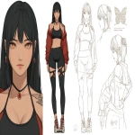 **concept art of female anime character, realistic proportions, attractive influencer type athletic build, long straight black hair, detailed amber anime eyes, athletic shapewear leggings with thigh high sandles and straps, sport jacket over sleeveless black halter top, choker necklace with a small red jewel and emblem, subtle tattoo of a butterfly dragon, two tone shading, professional lineart and character design sheet for animated series, prominent pose, thick thighs save lives --ar 5:3** - Image #1 <@299714843269791752>