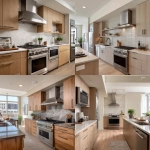 **interior design of a model unit showing the kitchen area. linear layout. all stainless appliances. chimney type range hood. stainless steel countertop with oak cabinets** - <@1231814052913877045> (fast)