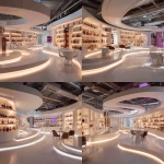 **a curved exhibition space for 8 different alcohol brands, a central swirl in the middle, white space with warm lighting , different coloured brands in the white shelves, interactive element in the space, meeting tables in the space, --v 7.0** - Variations (Strong) by <@738838021331484804> (fast)
-# Create, explore, and organize on [midjourney.com](<https://midjourney.com/imagine?from_discord=1>)