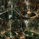 **A Renaissance garden bathed in warm, theatrical light in the style of Caravaggio, featuring geometric hedges, blooming flowers, a central white marble fountain adorned with putti, serene and symbolic atmosphere, golden light filtering through the trees, realistic details, deep contrasts of light and shadow, balanced and harmonious composition, poetic and mystical scene, Baroque oil painting, warm and saturated colors, no humans, only the natural and symbolic beauty of the sacred garden, with a fairy-tale castle in the background. --ar 16:9 --s 750 --v 7.0** - <@1083017782683258960> (fast)