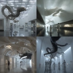**pristine white futuristic science hall, endless gallery walls glowing with soft ambient light, suspended ferrofluid alien whale tentacles twisting and writhing mid-air like sentient sculptures, black metallic liquid glistening with magnetic ripples, hovering above polished obsidian floor panels, museum displays encased in levitating glass monoliths, moonstone circuitry etched into ceiling tiles pulsing rhythmically, ambient sound-wave fog curling from hidden vents, silent robotic curators with mirrored faces gliding past, children in translucent uniforms pointing upward in awe, hyperreal cinematic detail, impossible symmetry, atmosphere charged with invisible tension --v 7.0 --p 3yk8su5** - <@1077492926550134864> (fast)