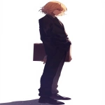 **Kurapika from Hunter x Hunter, full-body standing pose, facing sideways, expression cold and emotionless, wearing a sharp black suit, holding a box in one hand, , clean white background, sleek silhouette, concept art illustration --ar 2:3 --niji 6** - Image #3 <@762679659153850410>