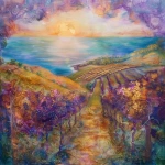 **A breathtaking ethereal landscape painting, blending vibrant oil paints with luminous, translucent organza textures, capturing a vineyard at golden hour with rolling hills, lush grapevines, and a tranquil seascape horizon. A rising sun with soft pinks, lavenders, and golds evokes empowerment and resilience, with delicate organza layers adding shimmering, whimsical depth. The composition radiates divine calm and timeless elegance, transforming spaces into sophisticated sanctuaries, framed by a luxurious interior hint. Inspired by nature’s grace and spiritual strength, in Deeline’s mixed-media style, highly detailed, cinematic lighting, 4K resolution. --v 6.0** - Image #2 <@1110395229338615829>