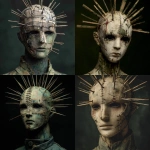 **a front facing mannequin with a few different sized spikes coming from its face, the mannequin has cuts and damage all over its face, male figure, stitches on face, tattered and torn details, dark eyes, very dark background, dark green colors, high detail, horror inspired --v 7.0** - <@702122213033246720> (fast)
