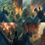 **A realistic fantasy illustration scene of the horrific view from the air where a boy riding his sapphire blue dragon looks down: a farm is completely destroyed and burn. The house is a smoldering ruin, and the stable is engulfed in flames. A cry of despair escapes his lips. Natural light with mystical atmosphere, high-detail textures --ar 16:9** - <@1210033716529729568> (fast)