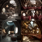 **design an interior for the cafe inspired by tim burton's ' bride', with whimsical tree-shaped tables and striped sofas, under skylights that illuminate bookshelves. the walls should feature carved wooden swirls in dark wood tones, creating a cozy yet mysterious atmosphere. include circular windows for a touch of magic, with lamps casting soft light on the playful decor. this design would be perfect as part of your dream restaurant concept in the style of tim burton.** - <@450898678975168513> (fast)