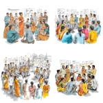 **An Indian jewellery factory workplace scene showing HR-led change management. Employees in sarees and uniforms gathered in a workshop, listening and engaging with empathy, symbolizing emotional barrier resolution. Managers and union leaders sitting together in transparent dialogue, shaking hands to build trust. Workers participating actively, pointing at charts and plans, symbolizing inclusion and ownership as co-creators. A small group celebrating with claps, recognition boards, and weekly update charts pinned on walls, symbolizing celebrating small wins. Pen-and-ink illustration, detailed linework, colorscale shading, white background, uplifting and collaborative mood.** - <@1161879354951880775> (fast)